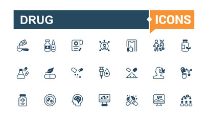 Drug icons in linear and solid style. Containing medication, spray, research, capsule, health, capsule, and more. Outline symbol collection. Outline and solid pictogram.