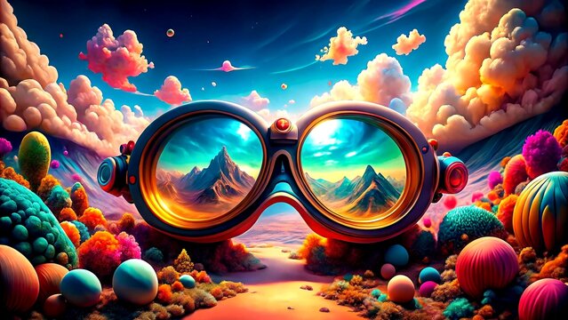 Surreal Exploration of Reality Through Colorful Goggles in a Dreamlike Landscape with Floating Objects and Abstract Shapes, Blending Fantasy and Imagination in Artful Composition