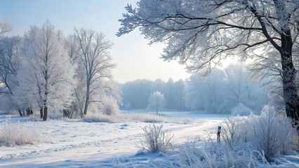 Obraz premium Frosty forest glade with snow-covered trees and sparkling ice crystals, frosty landscape, frozen, outdoors, frosty, snow