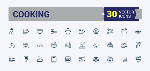 Cooking icons set in filled line style. Includes thin line tool, instruction, utensils, cook, utensil, prepare, mixer, frying. Minimalistic web and UI icons. Outline and solid pictogram.