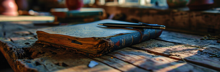 old book and pen on a wooden table