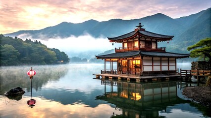 Obraz premium Surreal Japanese House Floating on Water with Majestic Mountains in the Background - Dreamlike Landscape Illustration Art for Fantasy and Nature Lovers