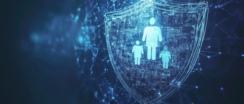 Digital shield symbolizing protection of family and data in a tech-oriented environment.