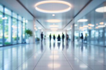 Fototapeta premium Blurred Background of a Modern Office Lobby with Silhouettes of People