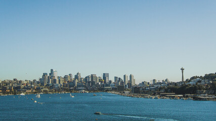Aerial Drone view of Seattle, Washington. in South Lake Union above Gasworks park looking over to...