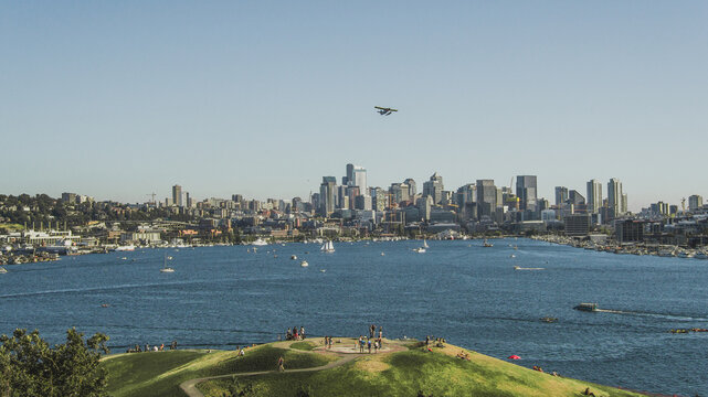 Aerial Drone view of Seattle, Washington. in South Lake Union above Gasworks park looking over to downtown Seattle, Belltown