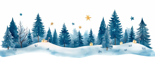 Watercolor illustration of a serene snowy forest filled with pine trees, golden stars, candy canes, and scattered Christmas gifts