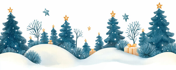 A watercolor depiction of a peaceful snowy woodland adorned with pine trees, twinkling golden stars, candy canes, and assorted Christmas presents scattered throughout