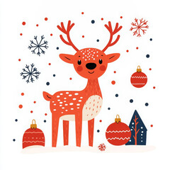 Illustration of an adorable reindeer surrounded by Christmas ornaments and snowflakes, capturing the joyful spirit of the holiday season