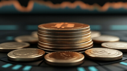 Close-up of stacked Bitcoin coins on a digital background with market graph, symbolizing cryptocurrency investment, trading, and financial growth