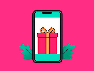 A colorful illustration of a smartphone displaying a wrapped gift box with a ribbon, set against a vibrant pink background