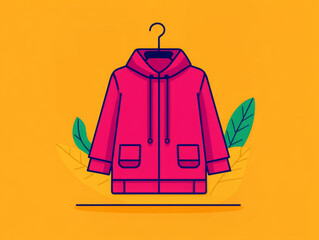 Bright illustration of a trendy pink hoodie on a hanger, surrounded by decorative leaves and set against a yellow background