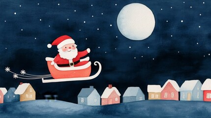 Whimsical illustration of Santa in his sleigh soaring over a charming snow-covered village under a starry night sky and full moon