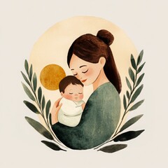 A tender watercolor illustration of a mother lovingly holding her sleeping baby, surrounded by greenery and a soft golden sun