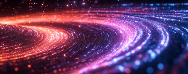 A mesmerizing swirl of vibrant lights resembling a galaxy, featuring sparkling particles in vivid shades of pink, purple, and orange