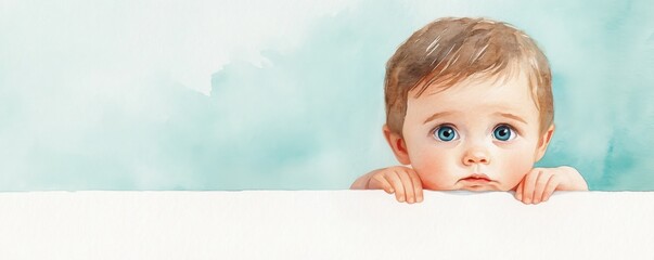 A sweet watercolor illustration of a baby with captivating blue eyes, peeking over a white surface against a soft aqua background