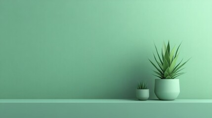 Two green potted plants on a simple shelf against a monochromatic mint green background, creating a clean minimalist aesthetic