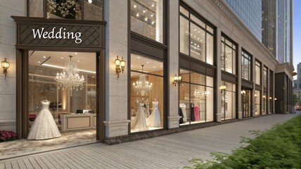 a wedding salon called &ldquo;wedding&rdquo; with large panoramic windows in a modern big city on the main street. various evening dresses