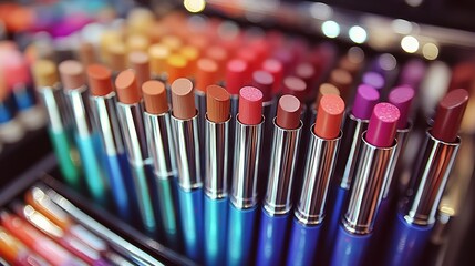 Naklejka premium A vibrant collection of lipsticks showcases an extensive range of colors and finishes. The display, set in a cosmetics store, invites beauty enthusiasts to explore diverse options