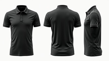 Black collar polo tee shirt set with front, back, and side views cutout in a white background. A mockup template for graphic design artwork.