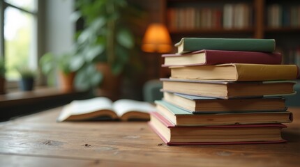 Close-up of a stack of books on a wooden table, with a blurred background of a cozy reading corner.