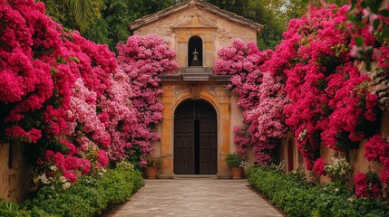 Fototapeta premium A picturesque pathway is adorned with blooming bougainvillea, creating a vibrant display of pink and purple flowers leading to an inviting rustic entrance surrounded by lush greenery
