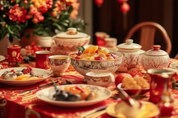 Naklejka premium Chinese New Year table setting for Asian New Year celebrations generated AI