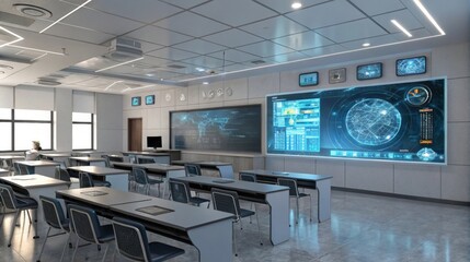 Fototapeta premium futuristic school classroom with advanced technology, holographic displays, and sleek design