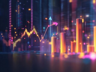 The 3d growth business graph on success financial represents profit and revenue growth, accompanied by a hovering arrow indicating positive market trends