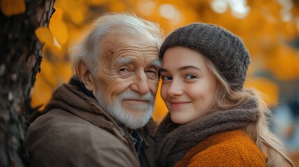Fototapeta premium An elderly man smiles gently as he embraces a young woman, both surrounded by bright orange and yellow autumn leaves, enjoying the beauty of a sunny day in the park
