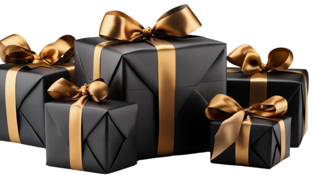 A sleek black gift box, adorned with a soft ribbon, making it perfect for luxurious presents, isolated on transparent background.