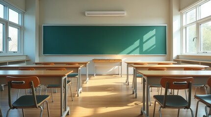 Wide-angle shot of an empty modern school classroom with desks and chairs neatly arranged, a large chalkboard at the front, and natural light coming in through the windows