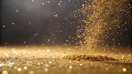 Gold dust particles floating in mid-air against a defocused glittery background creating a sense of movement and energy, shine, particles, radiant light