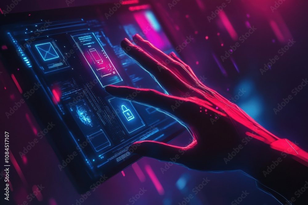 Poster A hand approaches a glowing digital interface filled with icons for security and settings, showcasing advanced technology usage. Generative AI