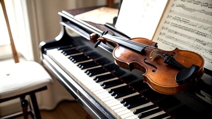 Top View of a Beautiful Violin Resting on a Piano Keyboard, Capturing the Harmony of Music in a Tilt-Shift Perspective