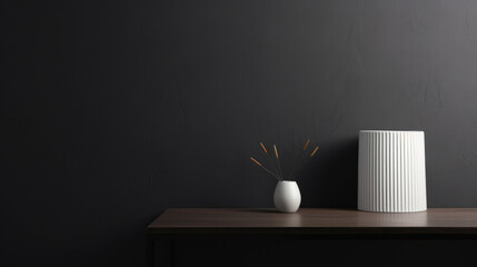 table and lamp with black ground wall