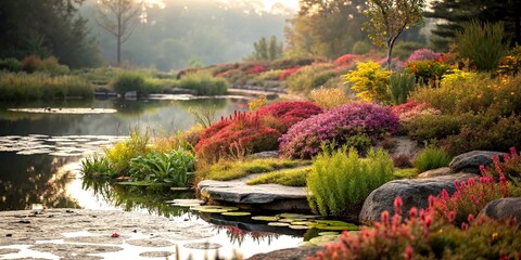 Fototapeta premium Tranquil Abstract Landscape Featuring Lush Plants Surrounding a Serene Pond in Harmonious Colors and Shapes, Capturing Nature's Beauty with a Rule of Thirds Composition