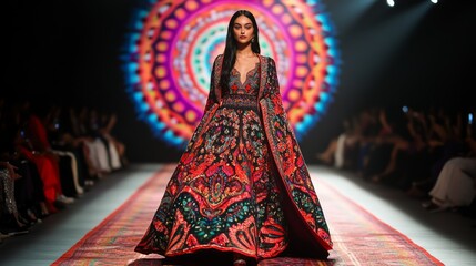 A model walks the runway in a colorful, patterned gown.