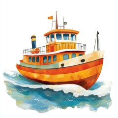 Fototapeta premium Playful Passenger Boat Adventure: Colorful Cartoon Illustration for Children's Book on Water Travel 