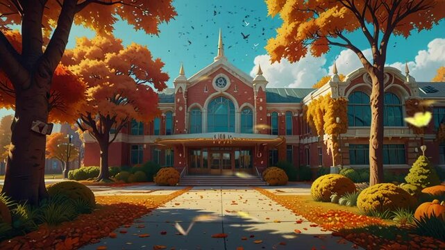 the front yard of the school in autumn. seamless looping 4k video background animation