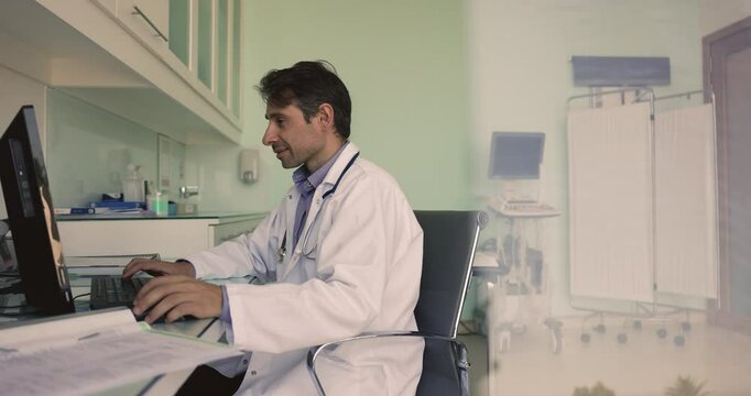 Mature GP or sonographer working on personal computer in hospital office, logging into clinic system, reviewing patient anamnesis, accessing medical records, consults clients remotely, prepare report