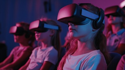 A group of children experiencing virtual reality with headsets in a classroom setting, exploring new technology and immersive learning experiences