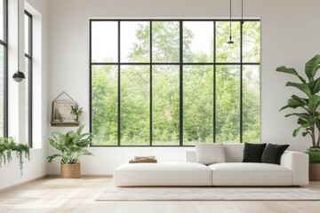 A spacious living room filled with natural light showcases a contemporary design, featuring a cozy sofa and vibrant greenery outside. Generative AI