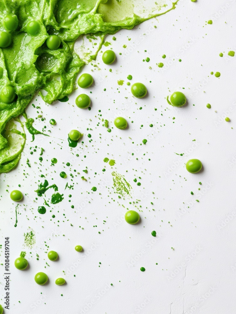 Poster Bright green peas and splashes of juice create a lively, organic arrangement on a clean white background for a vibrant presentation. Generative AI