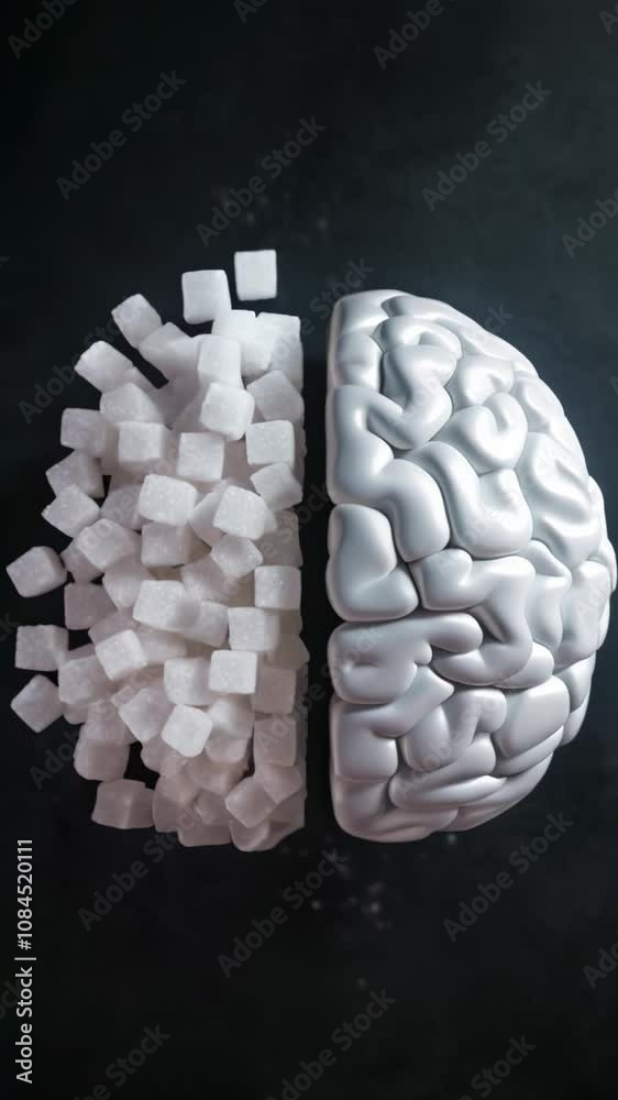 Poster half brain and half sugar cubes lying on a dark background representing mental health problems, addi