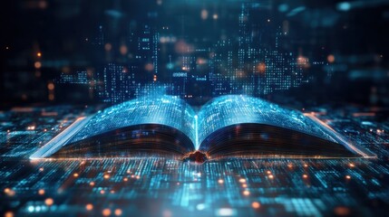 An open book with pages turning into digital data streams, representing the integration of technology and education in AI educational tools.
