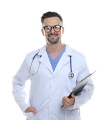 Smiling doctor with stethoscope and clipboard isolated on white