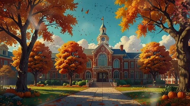 the front yard of the school in autumn. seamless looping 4k video background animation