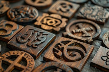 Obraz premium Wooden religious symbols representing various faiths and spirituality.