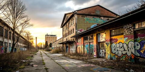Naklejka premium Urban Exploration Photography of Mariensule: Captivating Views of Abandoned Structures and Graffiti Art in a Forgotten Cityscape, Showcasing the Beauty of Urban Decay and History